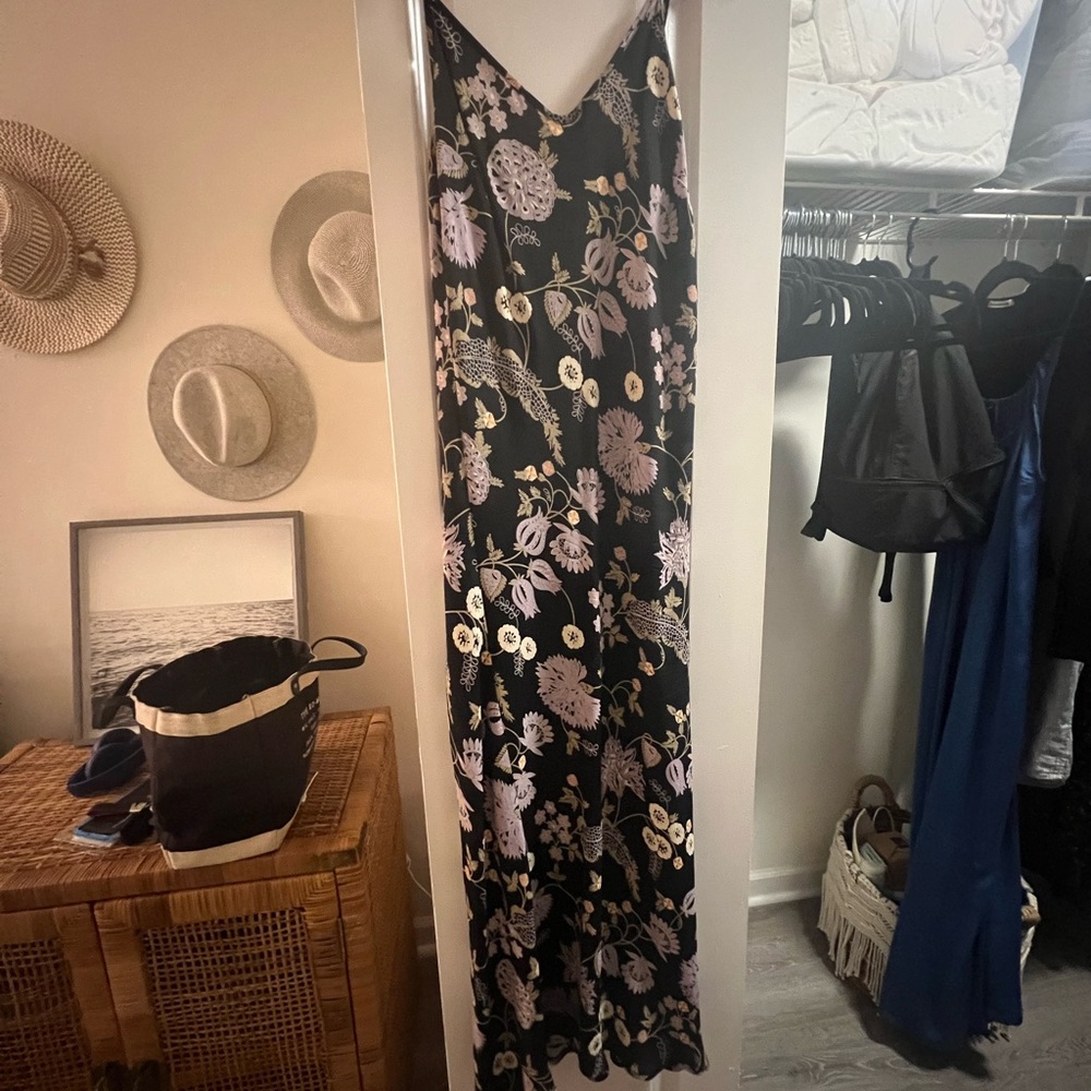 Black, purple and white floral midi dress.